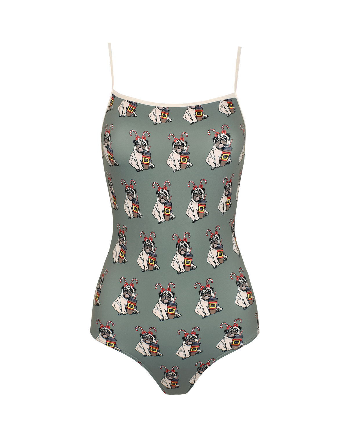 Adult green leotard with puppies and coffee print.
