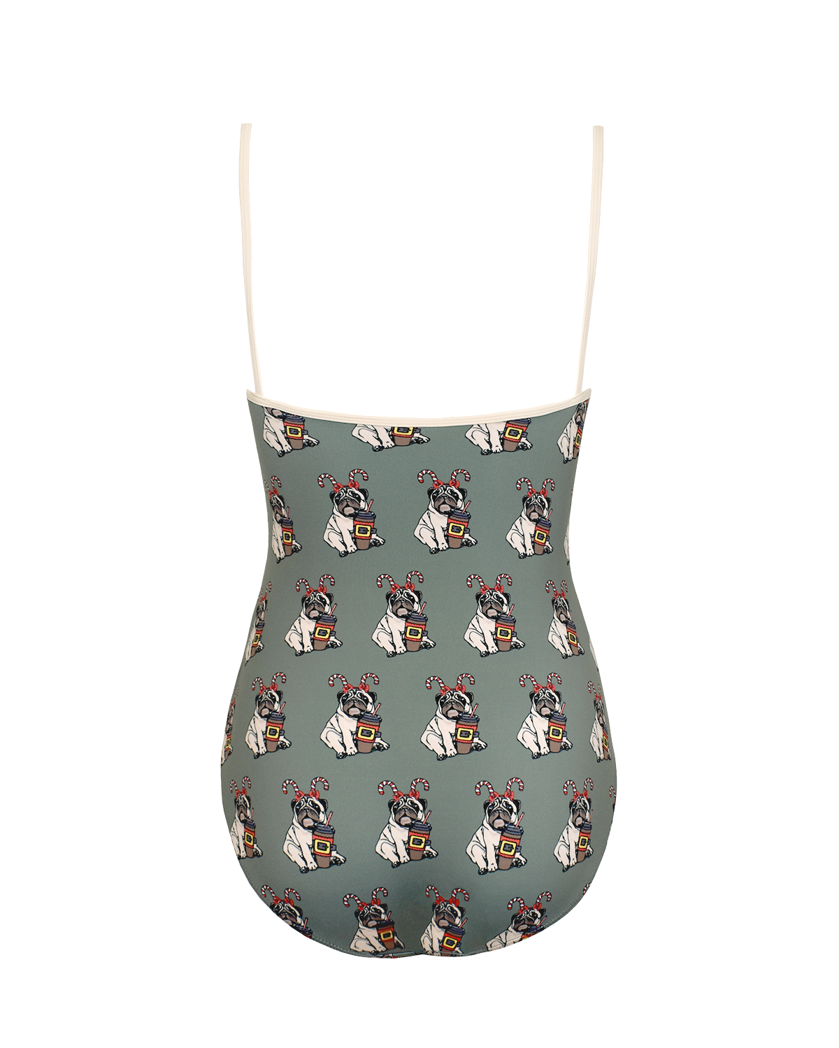 Adult green leotard with puppies and coffee print.