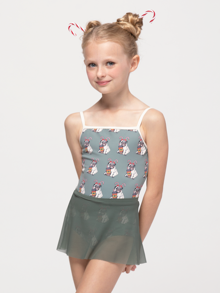 Model in sage green mesh with complementing leotard in holiday pug and coffee pattern