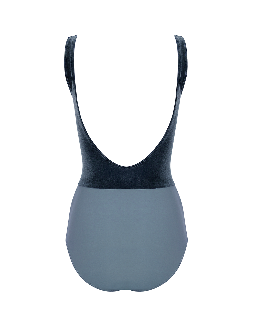 Kids blue leotard with  accenting velvet back panel.