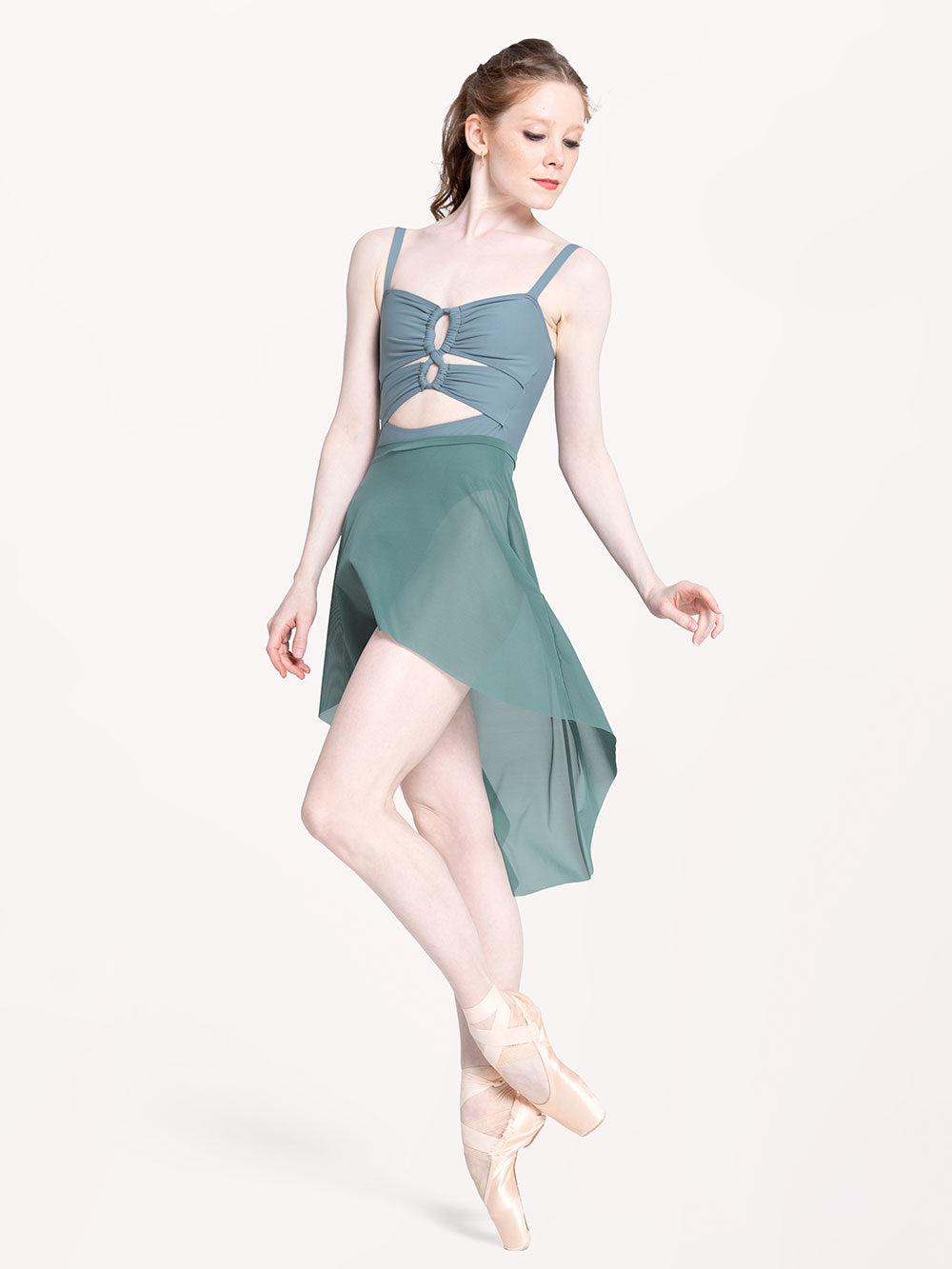 Model in cactus blue skirt and agave blue leotard