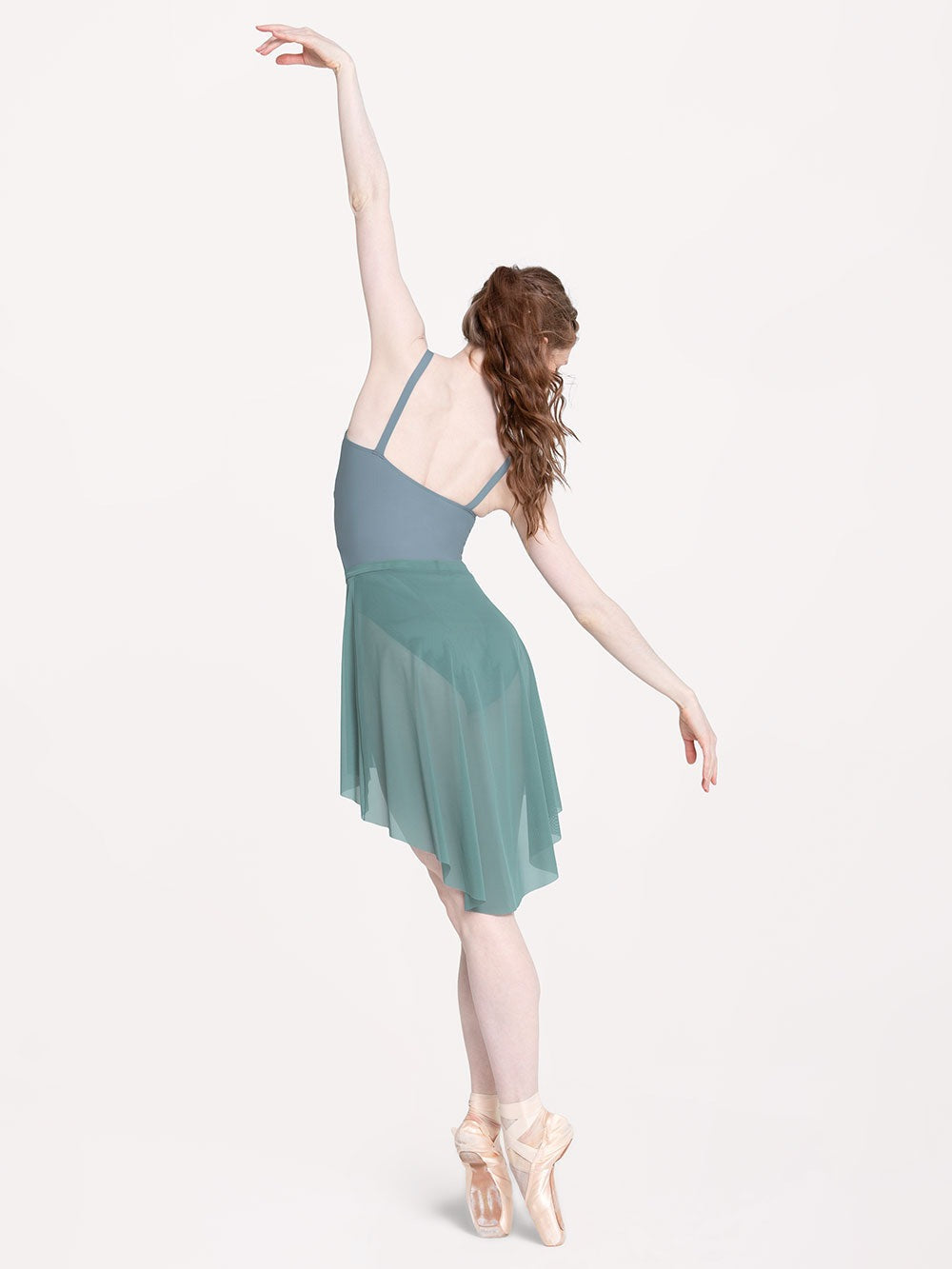 Back of Model in cactus blue skirt and agave blue leotard