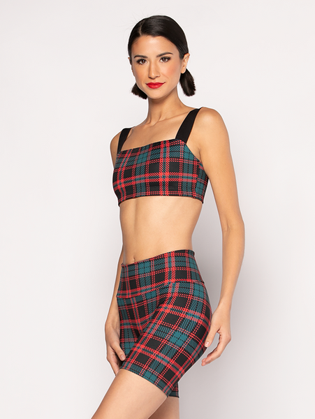 Close up of model in Christmas color Plaid crop top and shorts