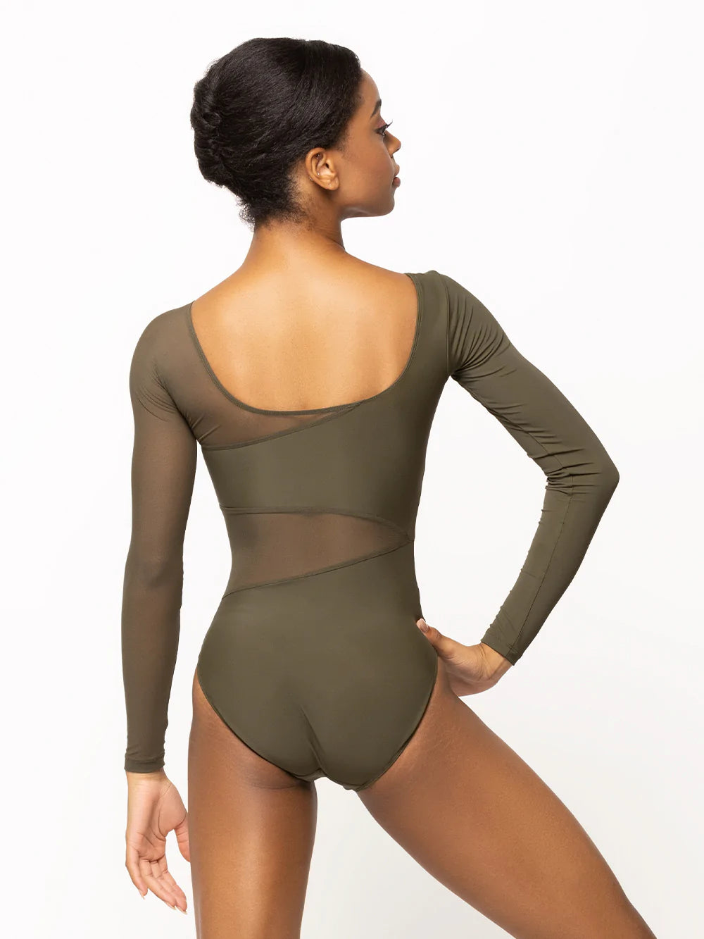 Back of model wearing a dark olive green leotard with long sleeves and dark green mesh detail on the waist, chest, back, and sleeve