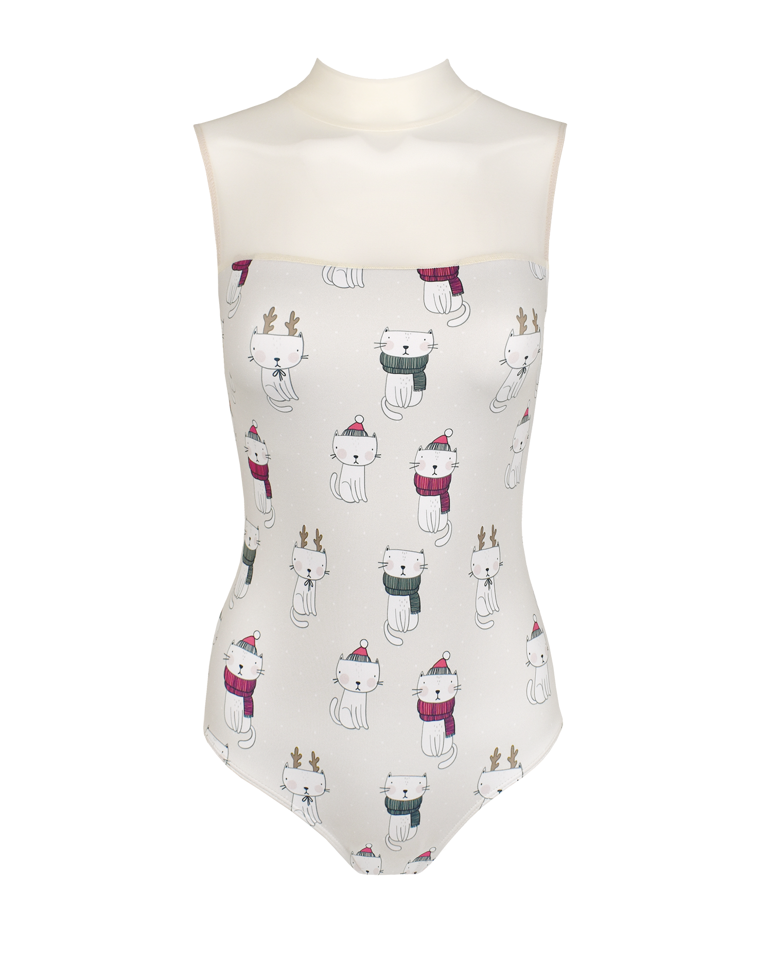 Front of Leotard with cats in holiday scarves and hats