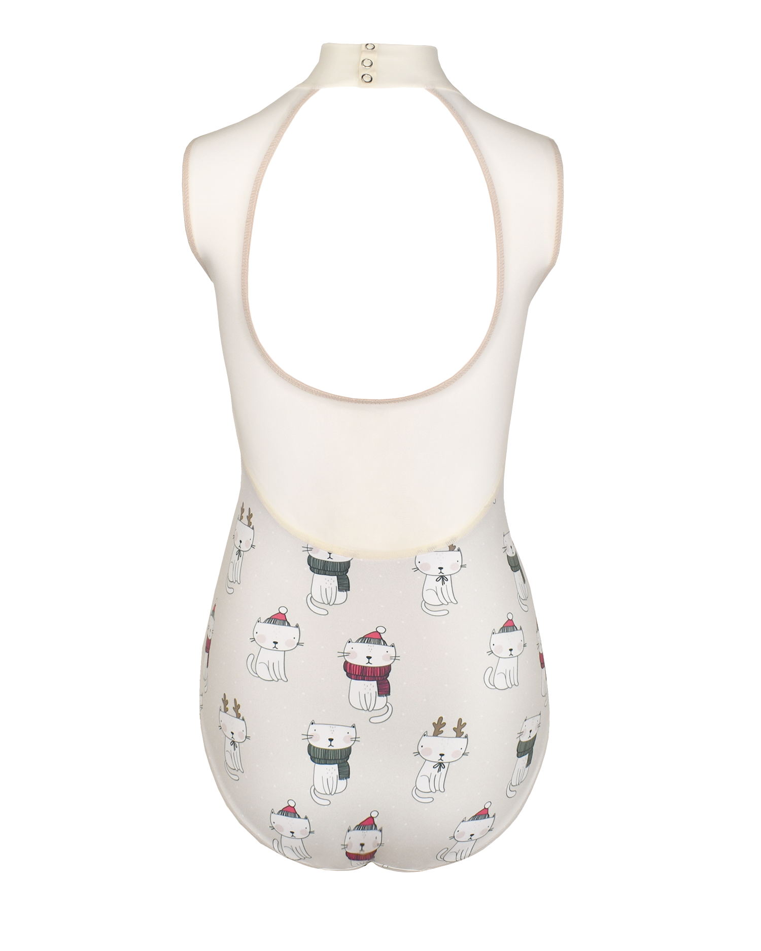 Back of Leotard with cats in holiday scarves and hats