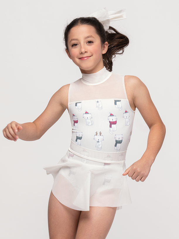 Close up of model in holiday cat leotard and mesh skirt
