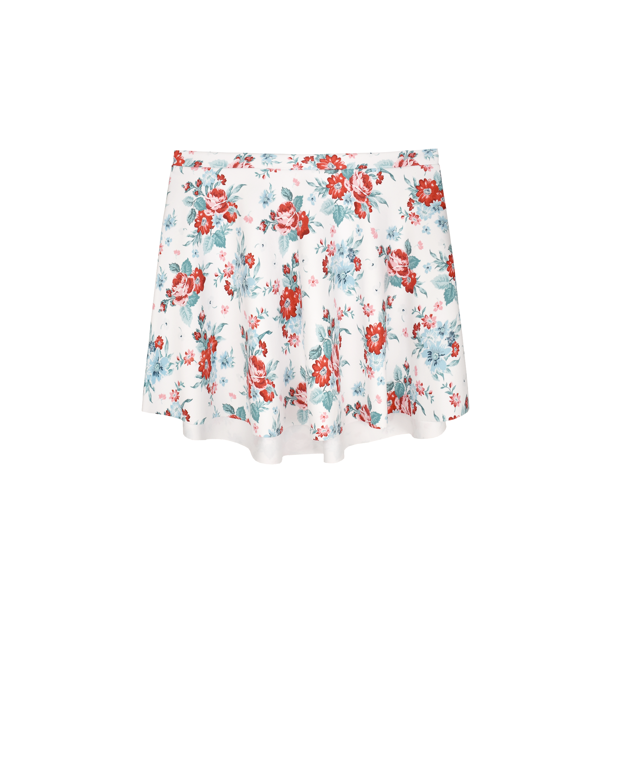 Front of skirt in floral pattern with white background and red flowers