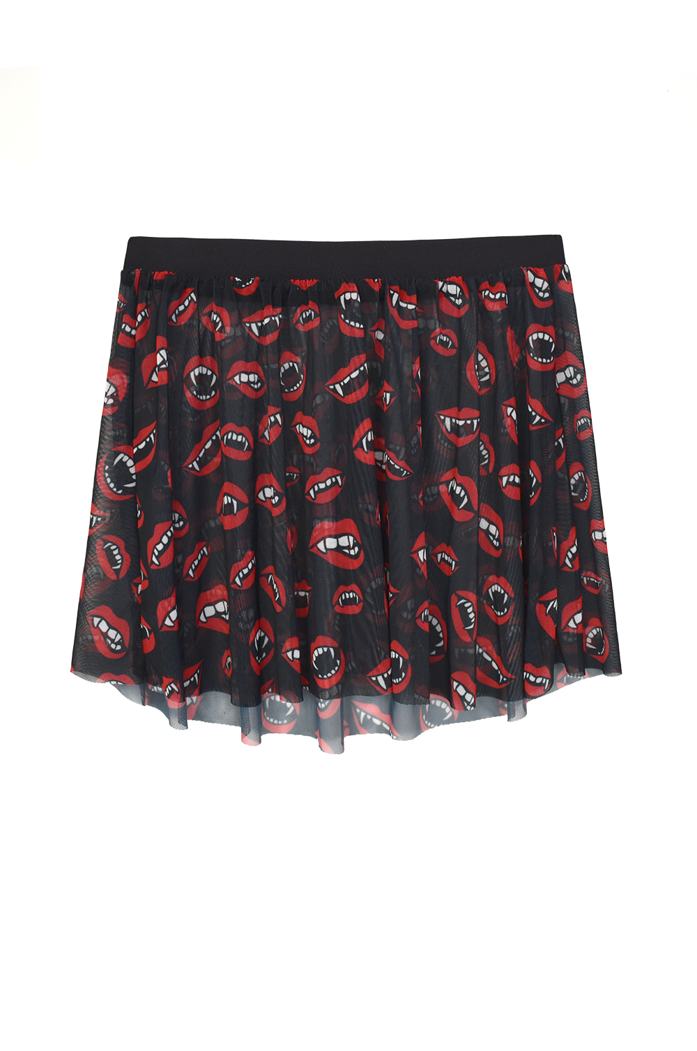 Ghost image skirt with vampire fang pattern on poppy black mesh background