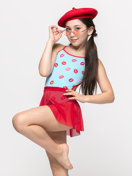 model in red flare mesh skirt