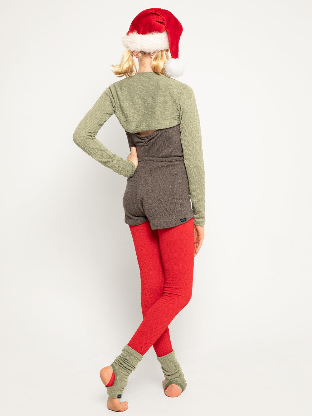Model is in asage ankle warmers and Charcoal Knit shortie with sage shrug and red long leg warmers