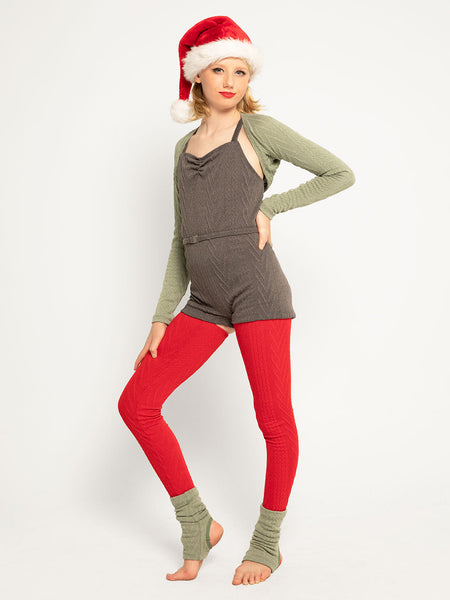 Model is in knitted Charcoal shortie with sage shrug and long red legwarmers