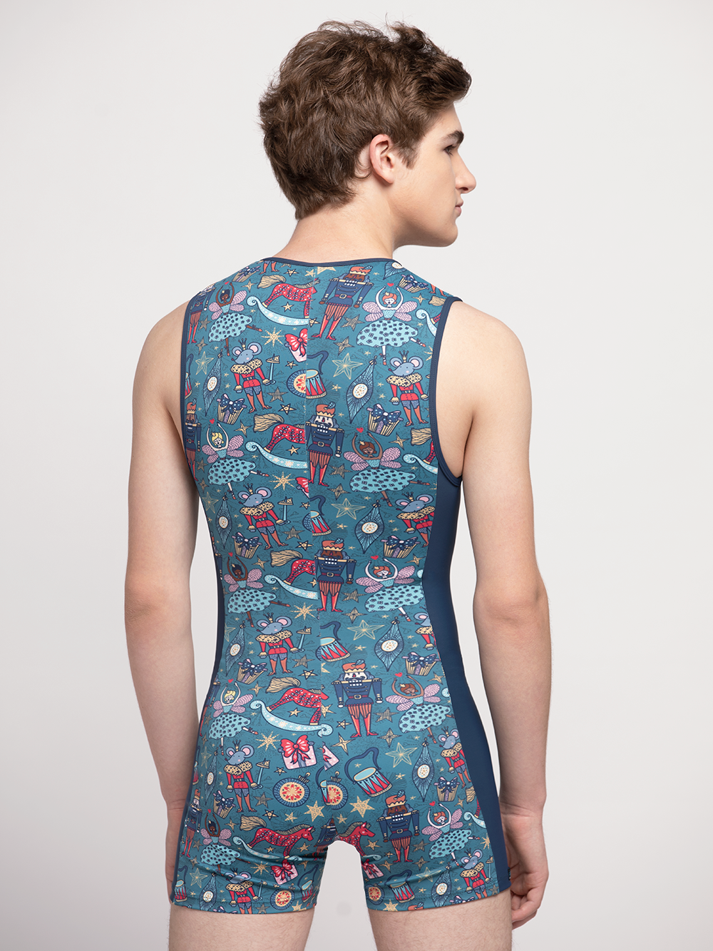Back of model in booty length nutcracker themed biketard