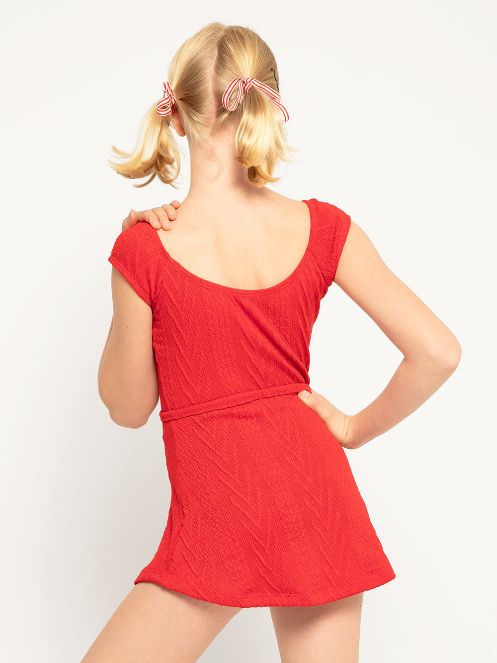 Back of Model is in Red knit dress with sage ankle length leg warmers