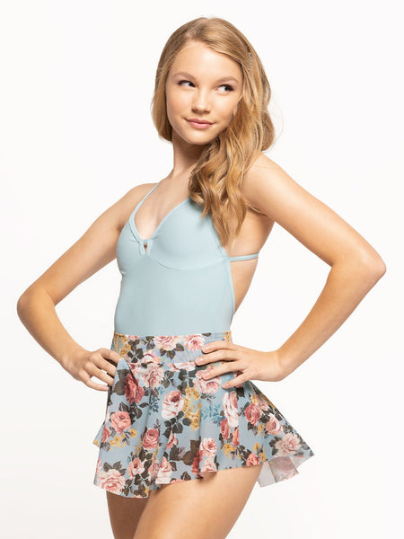 Model is Floral pattern mesh skirt with egg blue and matching egg blue leotard