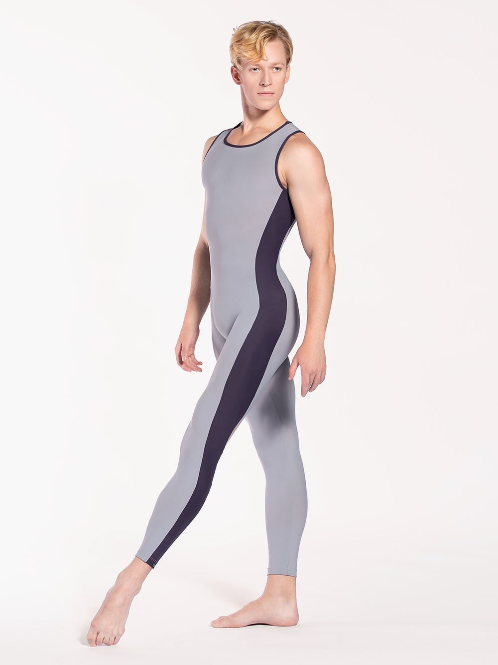 Model in solid pebble gray base and dark plum purple side stripes