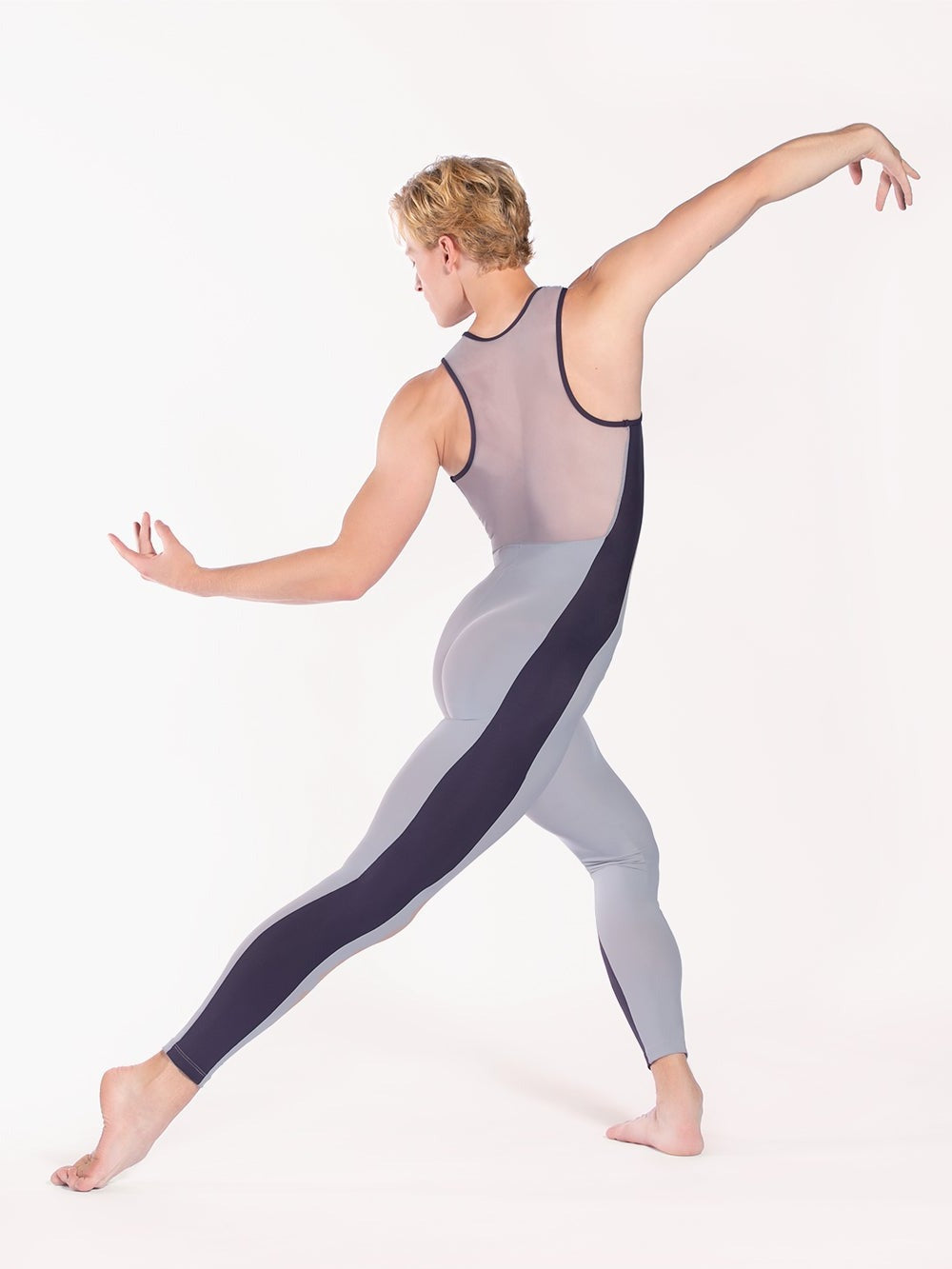 Back of Model in solid pebble gray base and dark plum purple side stripes