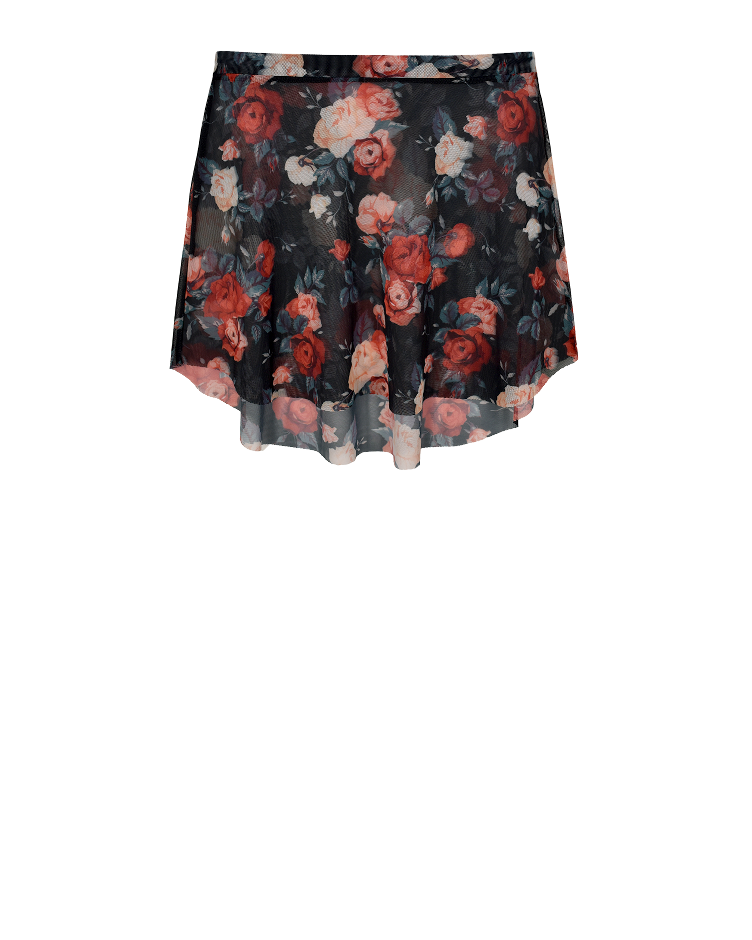 Front of mesh skirt with floral pattern in red and white flowers and black backdrop