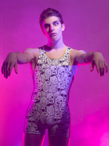 Model in Zombie heads biketard with Dijon mustard trim preforming zombie walk