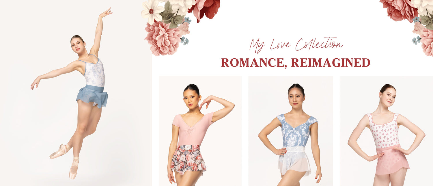 Eleve Dancewear Collection:My Love with four dancers in front view showing some of the products