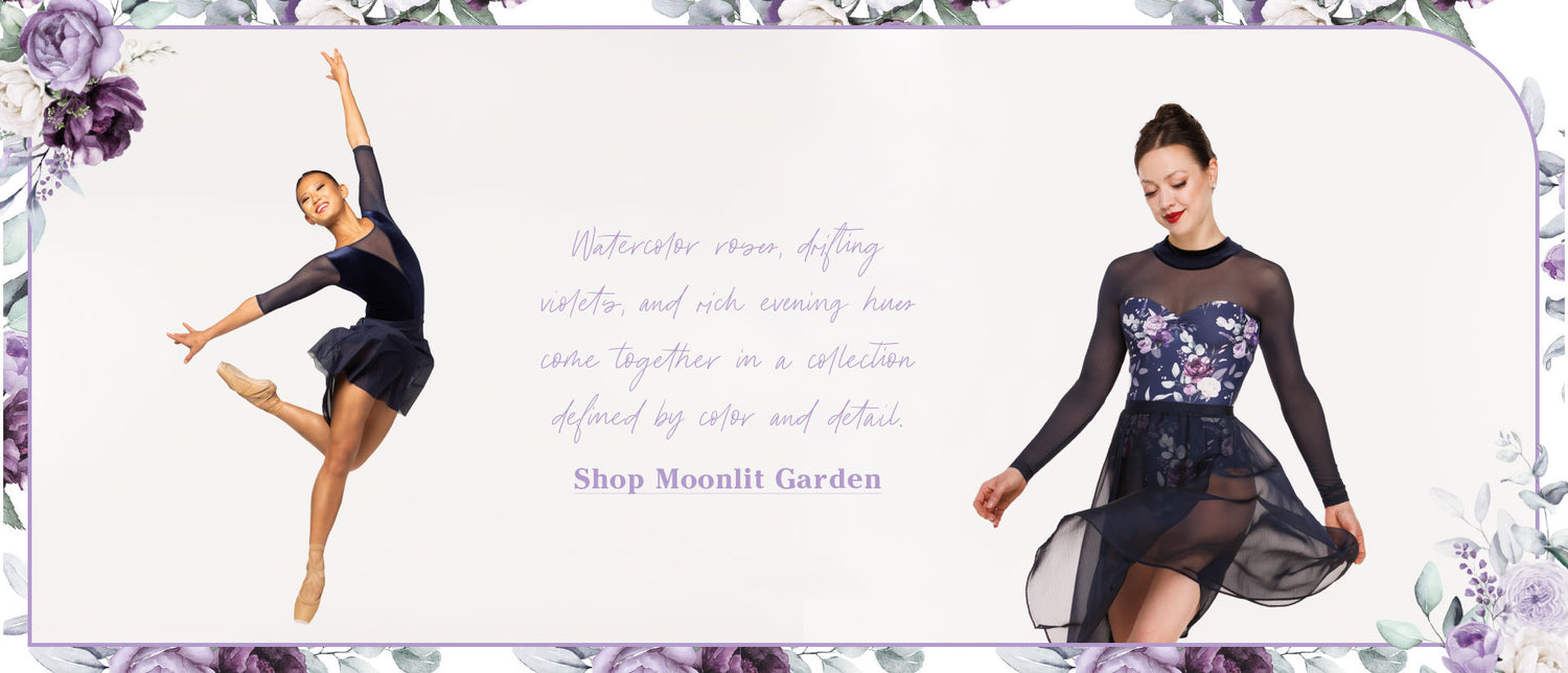 Eleve Dancewear Collection: Moonlit Garden with two dancers posing