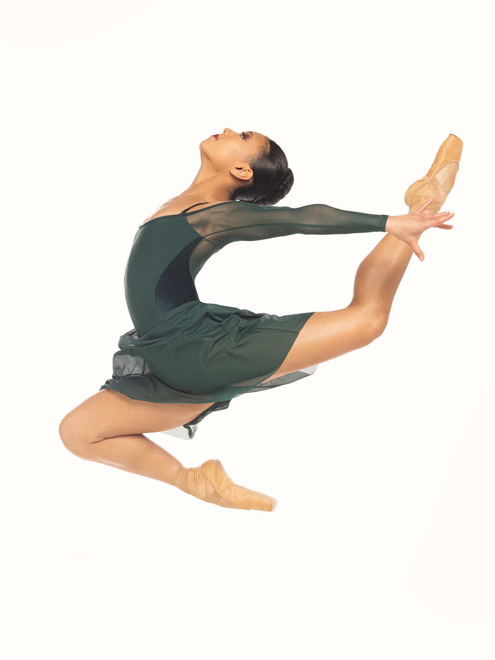 Eleve Dancewear Tatiana Leotard Kids in Alpine color, profile view of dancer executing a jump on attitude derriere on cambre back.