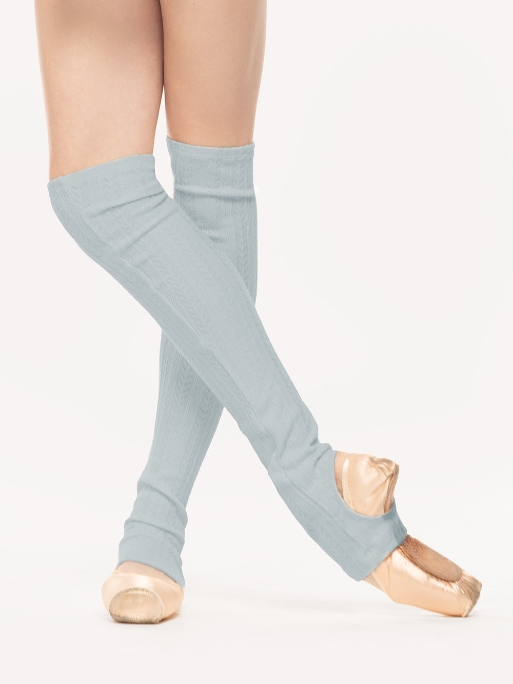 Eleve Dancewear Stirrup Leg Warmers Above Knee Knit in Light Blue color, front legs view