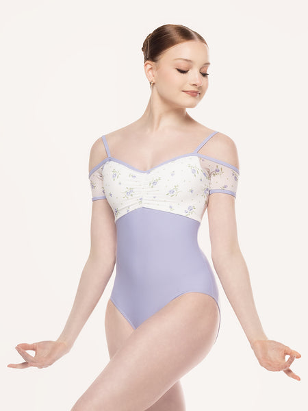 Eleve Dancewear Lola Leotard Kids in  Baby's Breath print and lavender color, front view.