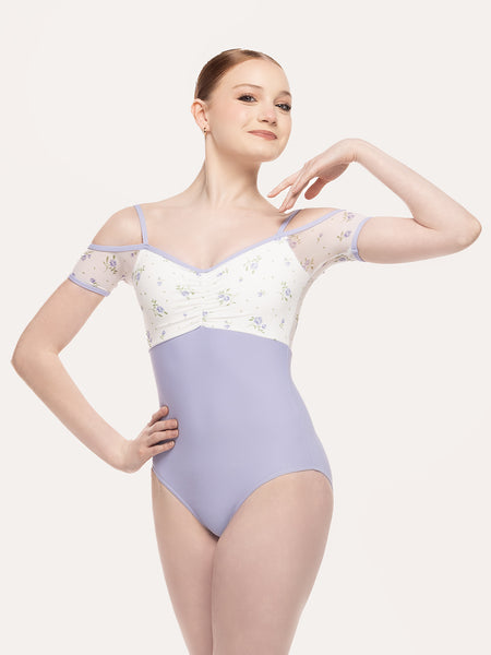Eleve Dancewear Lola Leotard in  Baby's Breath print and lavender color, front view.