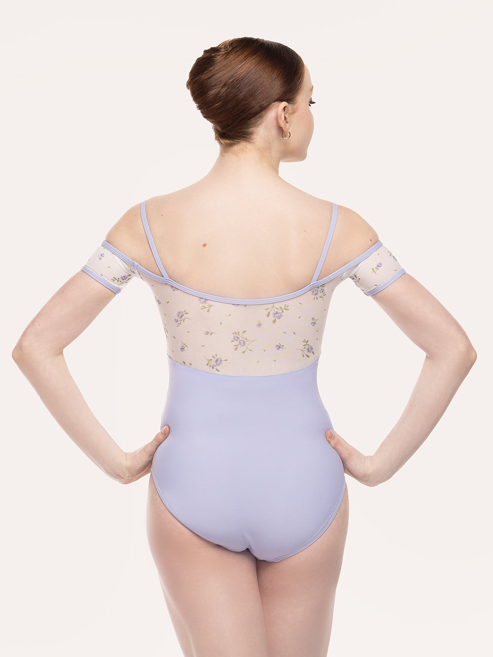 Eleve Dancewear Lola Leotard in  Baby's Breath print and lavender color, back view.