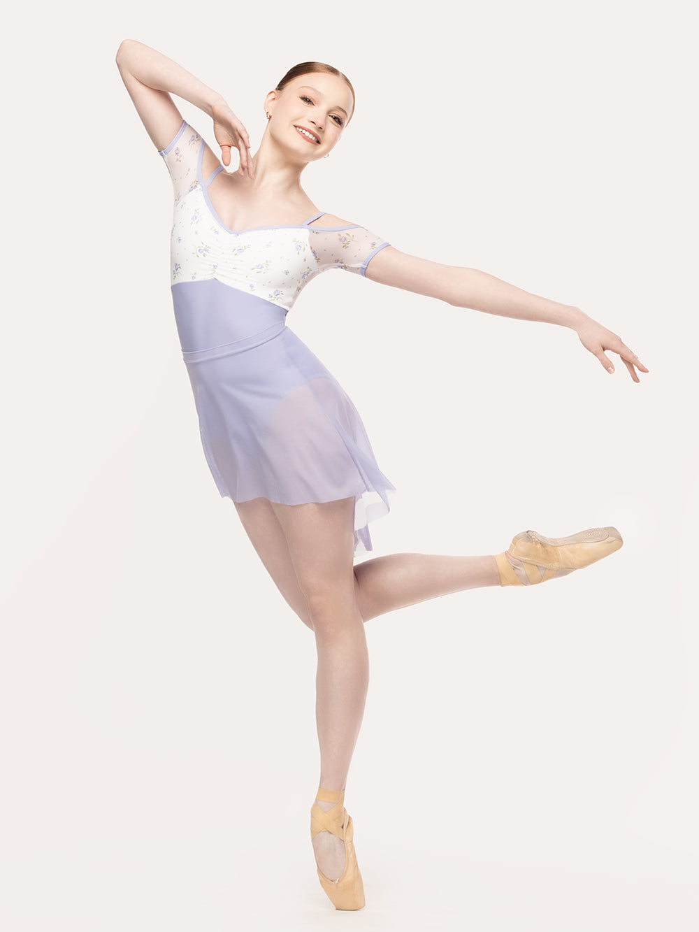 Eleve Dancewear Lola Leotard in  Baby's Breath print and lavender color, full body front view.