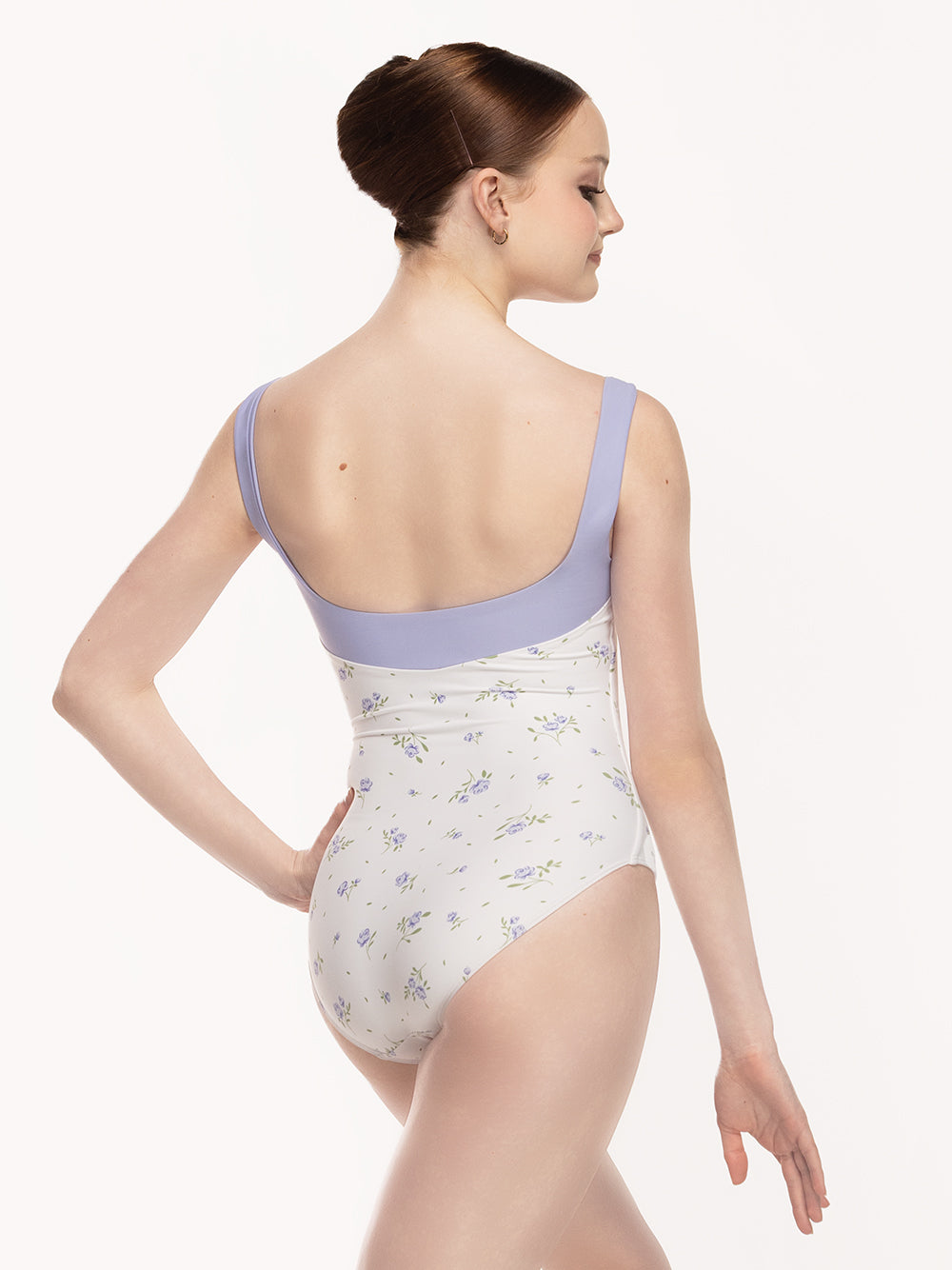 Eleve Dancewear Cindy Leotard in Babys Breath print, back view. 
