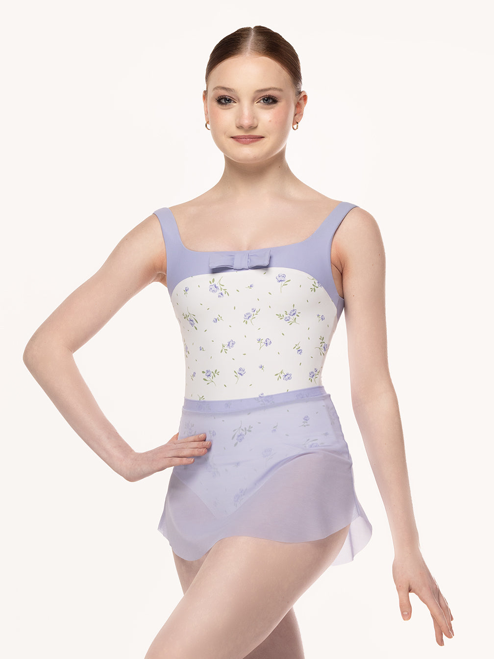 Eleve Dancewear Cindy Leotard in Babys Breath print and Lavender Mesh Tulip Skirt, front view. 