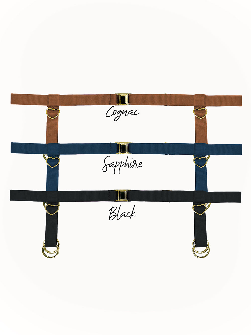 Eleve Dancewear Bustle Belt Baroque Collection options - Cognac, Sapphire and Black with gold hardware.