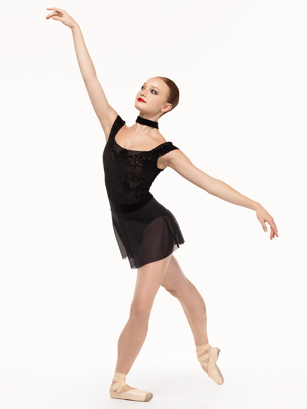 Eleve Dancewear Angelina Leotard in Baroque Black print color, front view of dancer posing in tendu derriere in demi plie.