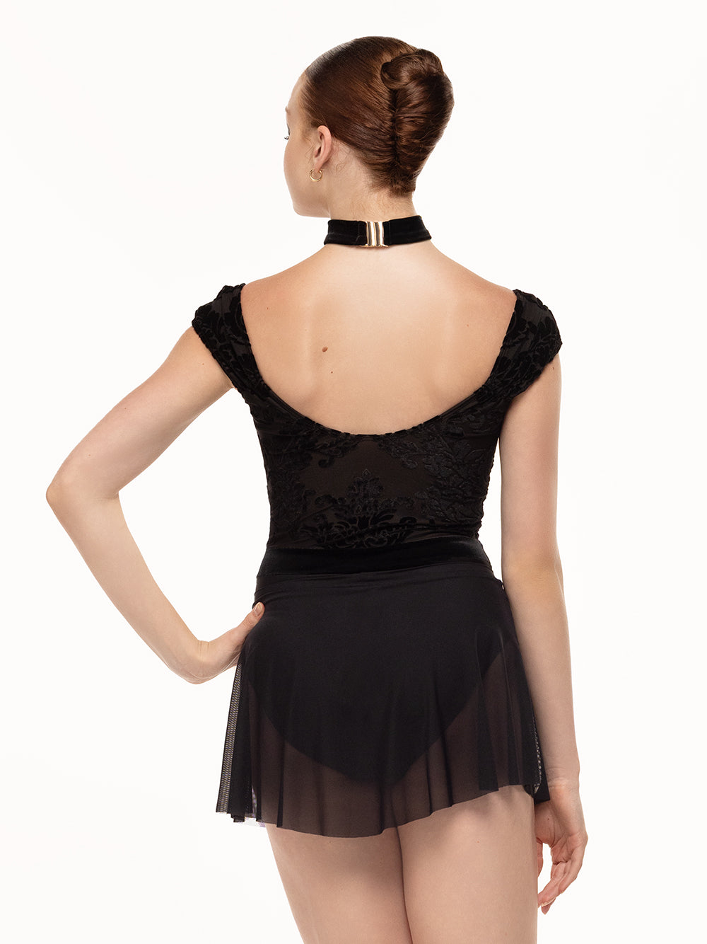 Eleve Dancewear Angelina Leotard Kids in Baroque Black print color, back torso view.