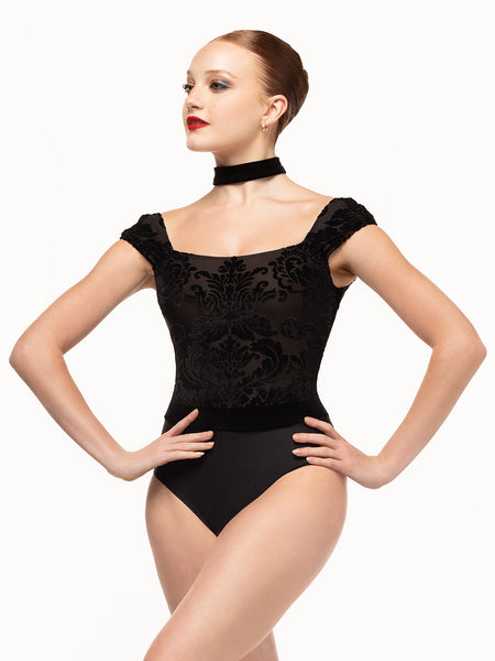 Eleve Dancewear Angelina Leotard Kids in Baroque Black print color, front view.