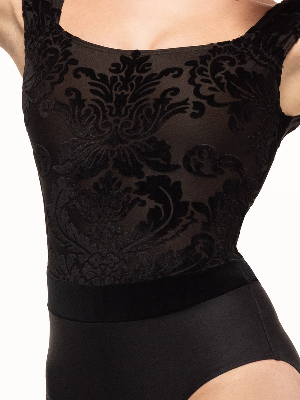Eleve Dancewear Angelina Leotard in Baroque Black print color, close front view.