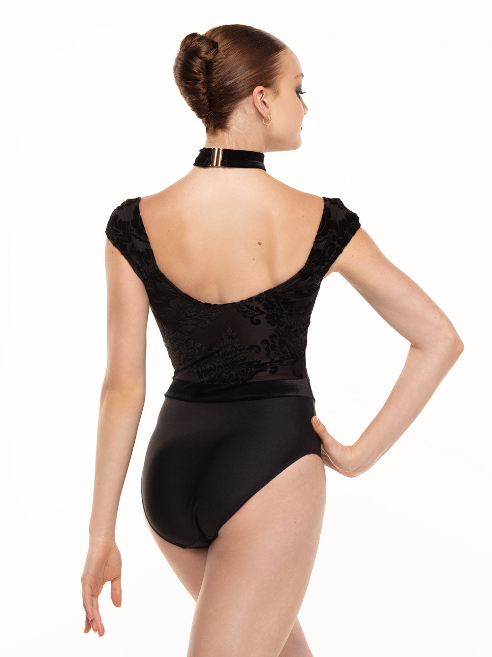 Eleve Dancewear Angelina Leotard Kids in Baroque Black print color, back view.