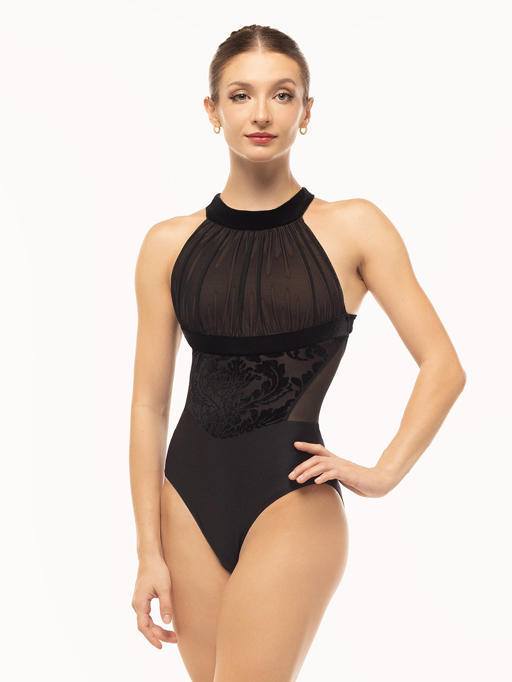 Eleve Dancewear Aria Leotard in Baroque Black print color, front view.