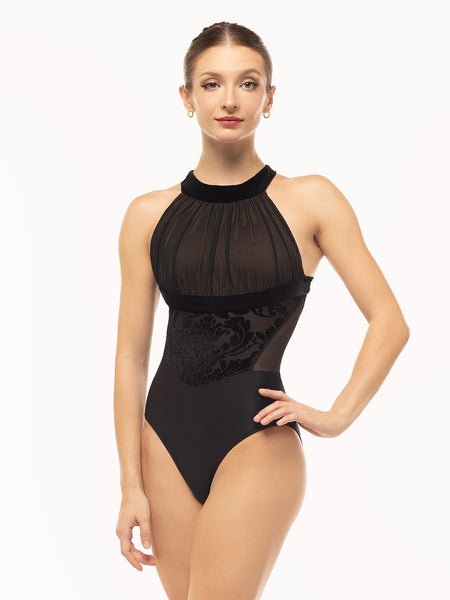 Eleve Dancewear Aria Leotard in Baroque Black print color, front view.