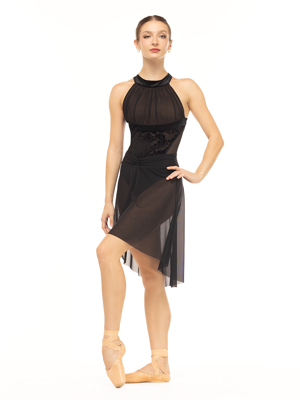 Eleve Dancewear Aria Leotard in Baroque Black print color, full body front view.