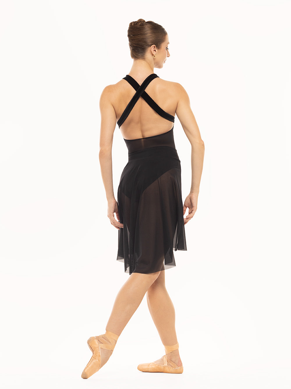 Eleve Dancewear Amora Long High-Low Skirt in Black Mesh color, back view of dancer.