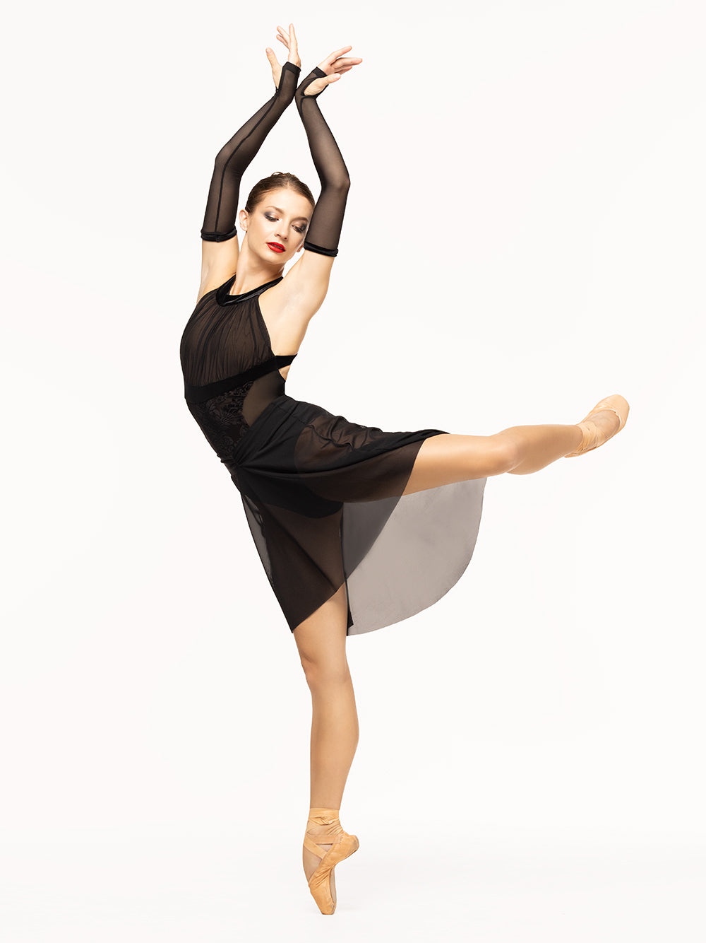 Eleve Dancewear Aria Leotard in Baroque Black print color, front view of dancer posing in pique attitude derriere.