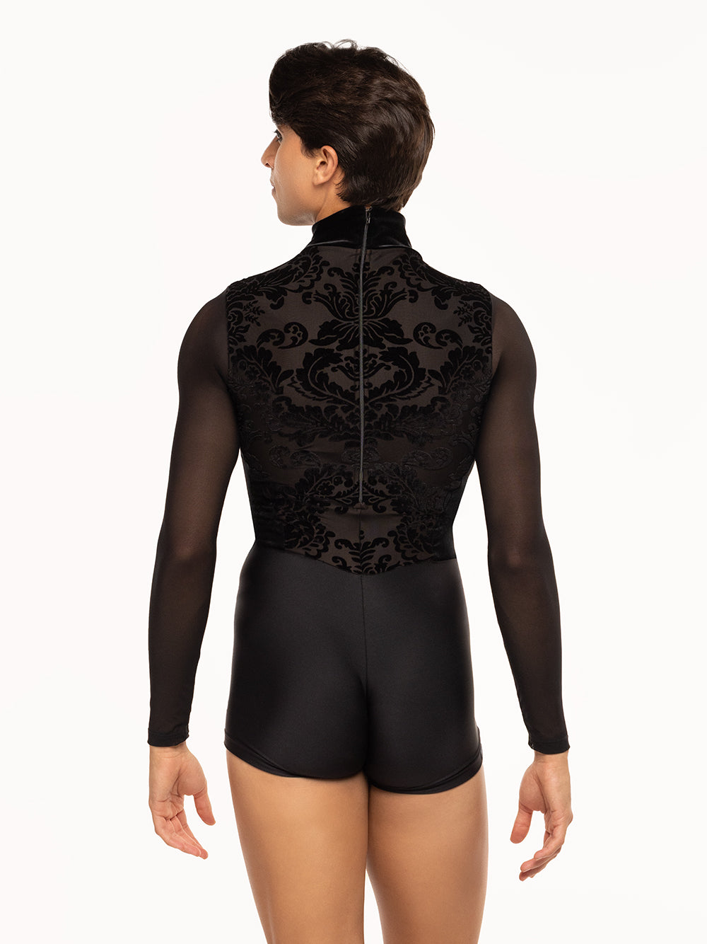 Eleve Dancewear Charles Biketard in Black Baroque print color, back view.