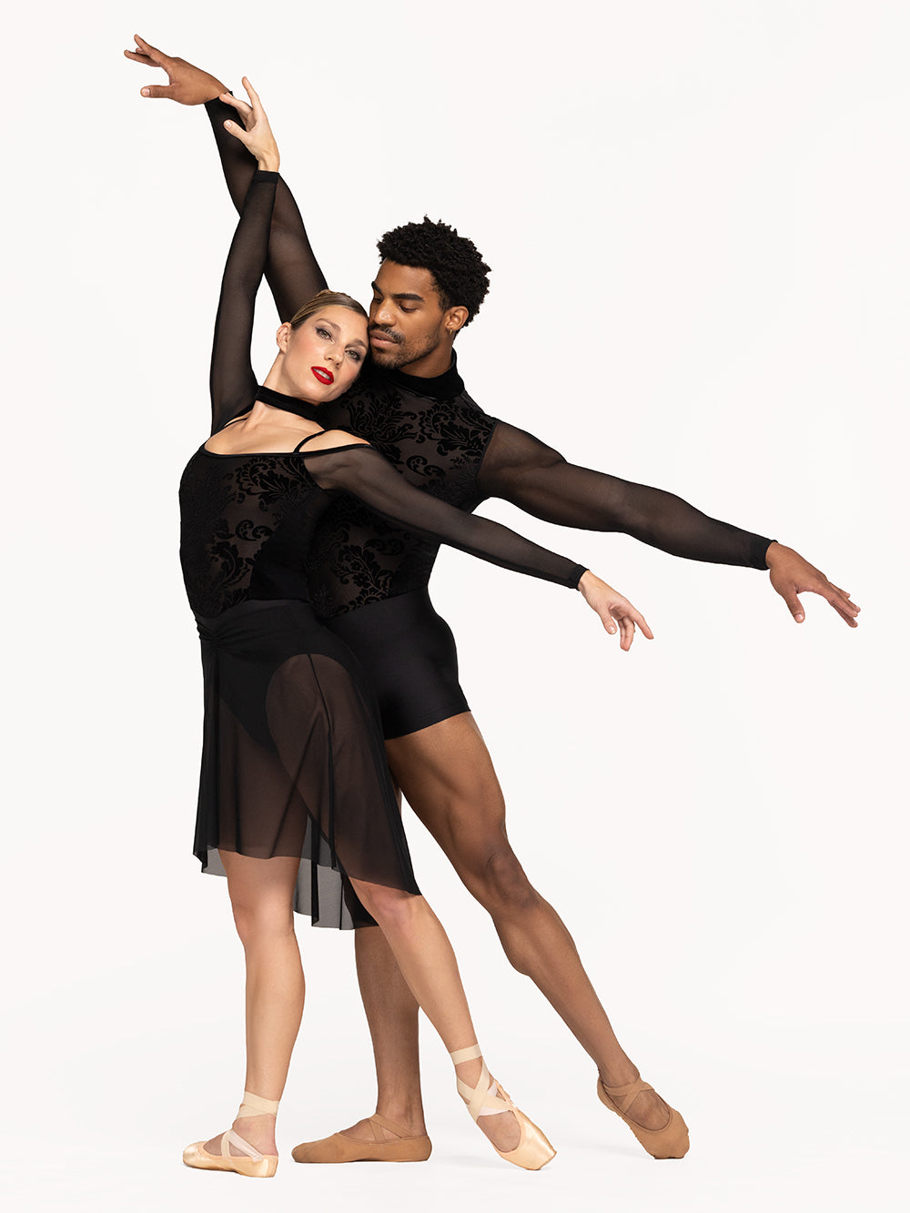 Eleve Dancewear Charles Biketard in Black Baroque color and Tatiana Leotard in Black Baroque color, and black mesh Long High Low Skirt, front view. 