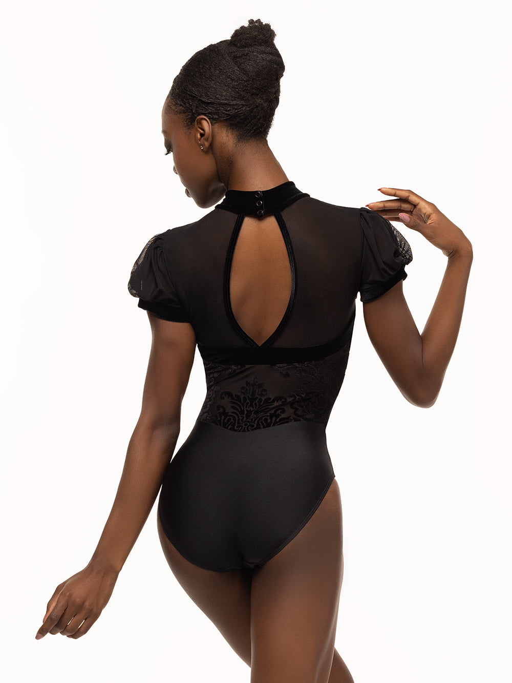 Eleve Dancewear Grace Leotard in Baroque Black print color, back view.