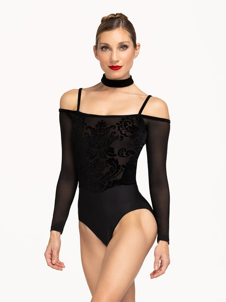 Eleve Dancewear Tatiana Leotard in Baroque Black print color, front detail view.
