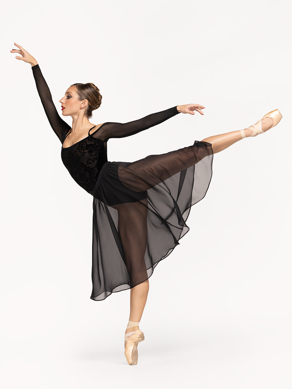 Eleve Dancewear Tatiana leotard in Baroque Black, Chiffon Rehearsal Skirt and Choker in black color in dance pose, profile view.