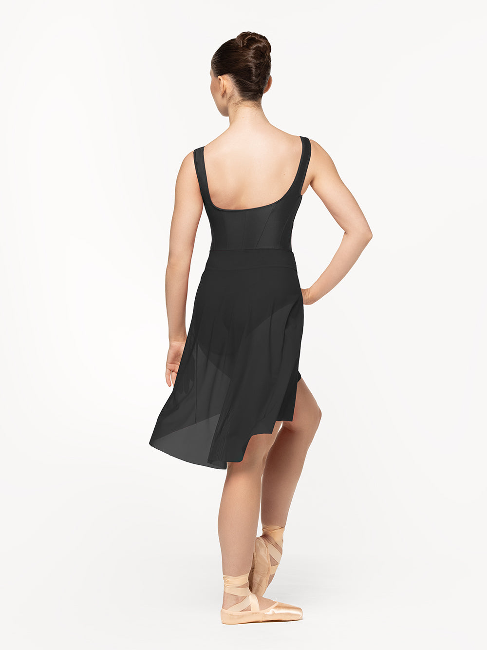 Eleve Dancewear Amora Long High-Low Skirt in Black Mesh color, back view of dancer posing.